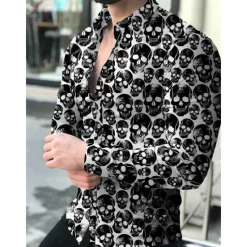 OUKU Men's Skull Halloween Costumes Shirt Button Up Shirt Long Sleeve Fashion Designer Casual Outdoor Casual Daily Summer Spring Turndown Print Button-Down Gray
