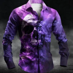 OUKU Men's Skull Halloween Costumes Button Up Shirt Long Sleeve Dark Party Evening Wear Daily Fall Winter Spring & Summer Shirt Collar Button Up 3D Print Purple Fuchsia Green