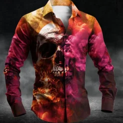 OUKU Men's Skull Halloween Costumes Button Up Shirt Long Sleeve Dark Party Evening Wear Daily Fall Winter Spring & Summer Shirt Collar Button Up 3D Print Purple Fuchsia Green