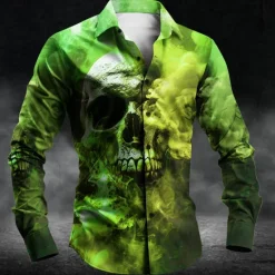 OUKU Men's Skull Halloween Costumes Button Up Shirt Long Sleeve Dark Party Evening Wear Daily Fall Winter Spring & Summer Shirt Collar Button Up 3D Print Purple Fuchsia Green