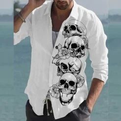 OUKU Men's Skull Halloween Costumes Shirt Button Up Shirt Long Sleeve Fashion Designer Casual Outdoor Casual Daily Spring & Fall Turndown Print Button-Down White