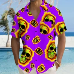 Outlet OUKU Men's Skull Halloween Costumes Beach Shirt Summer Hawaiian Shirt Button Up Shirt Short Sleeves Shirt Collared Shirts Hawaiian Vacation Daily Red Fuchsia Green S M L