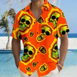 Outlet OUKU Men's Skull Halloween Costumes Beach Shirt Summer Hawaiian Shirt Button Up Shirt Short Sleeves Shirt Collared Shirts Hawaiian Vacation Daily Red Fuchsia Green S M L