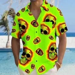 Outlet OUKU Men's Skull Halloween Costumes Beach Shirt Summer Hawaiian Shirt Button Up Shirt Short Sleeves Shirt Collared Shirts Hawaiian Vacation Daily Red Fuchsia Green S M L