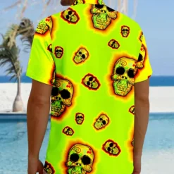 Outlet OUKU Men's Skull Halloween Costumes Beach Shirt Summer Hawaiian Shirt Button Up Shirt Short Sleeves Shirt Collared Shirts Hawaiian Vacation Daily Red Fuchsia Green S M L