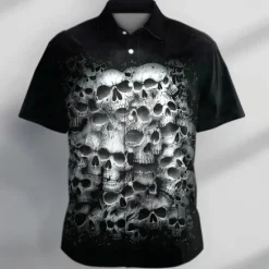 Outlet OUKU Men's Skull Halloween Costumes Shirt Button Up Shirt Short Sleeve Casual Dark Vacation Daily Evening Party Summer Turndown Collared Shirts Buttons Print Black Gray