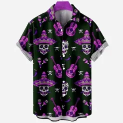 Clearance OUKU Men's Skull Halloween Costumes Shirt Short Sleeves Fashion Designer Casual Outdoor Halloween Street Summer Spring Turndown Print Button-Down Navy Blue Blue Purple Green