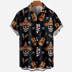 Clearance OUKU Men's Skull Halloween Costumes Shirt Short Sleeves Fashion Designer Casual Outdoor Halloween Street Summer Spring Turndown Print Button-Down Navy Blue Blue Purple Green
