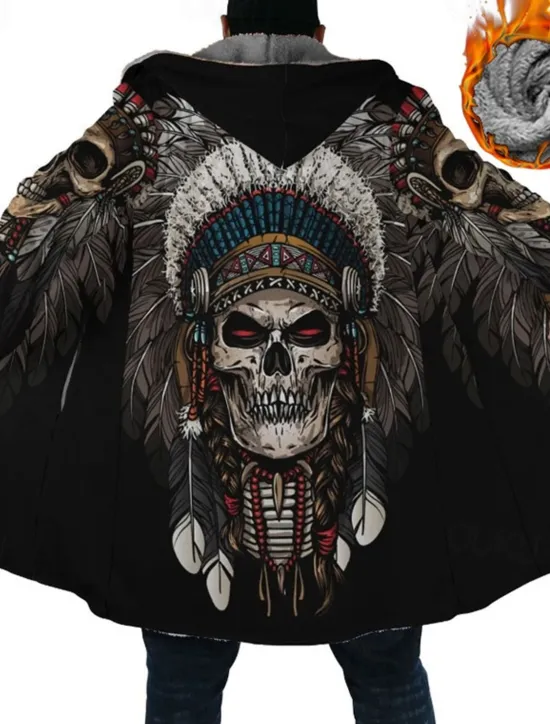 Online OUKU Men's Skull Indian Winter Coat Fleece Jacket Coat Warm Breathable Comfortable Streetwear Ethnic Style Vintage Style Sports & Outdoor Daily Wear Going out Zipper Pocket Print Fall & Winter Hoodie Long