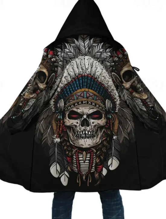 Online OUKU Men's Skull Indian Winter Coat Fleece Jacket Coat Warm Breathable Comfortable Streetwear Ethnic Style Vintage Style Sports & Outdoor Daily Wear Going out Zipper Pocket Print Fall & Winter Hoodie Long