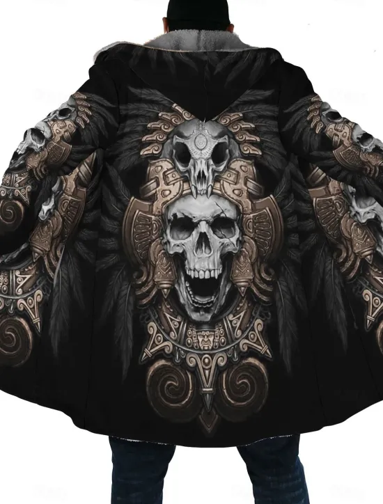 Online OUKU Men's Skull Indian Winter Coat Fleece Jacket Coat Warm Breathable Comfortable Streetwear Ethnic Style Vintage Style Sports & Outdoor Daily Wear Going out Zipper Pocket Print Fall & Winter Hoodie Long