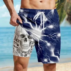 Clearance OUKU Men's Skull Lightening Gothic Lined Shorts 2 in 1 Board Shorts Swim Shorts Mid Waist Retro Vintage Holiday Streetwear Side Pockets With Compression Liner Elastic Drawstring Waist Designer Clothing
