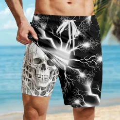 Clearance OUKU Men's Skull Lightening Gothic Lined Shorts 2 in 1 Board Shorts Swim Shorts Mid Waist Retro Vintage Holiday Streetwear Side Pockets With Compression Liner Elastic Drawstring Waist Designer Clothing