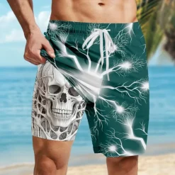 Clearance OUKU Men's Skull Lightening Gothic Lined Shorts 2 in 1 Board Shorts Swim Shorts Mid Waist Retro Vintage Holiday Streetwear Side Pockets With Compression Liner Elastic Drawstring Waist Designer Clothing