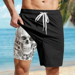 OUKU Men's Skull Lined Shorts 2 in 1 Board Shorts Swim Shorts Mid Waist Hawaiian Casual Vacation Holiday Beach Wear Side Pockets Color Block With Compression Liner Designer Clothing Apparel