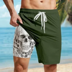 OUKU Men's Skull Lined Shorts 2 in 1 Board Shorts Swim Shorts Mid Waist Hawaiian Casual Vacation Holiday Beach Wear Side Pockets Color Block With Compression Liner Designer Clothing Apparel