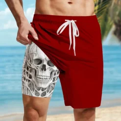 OUKU Men's Skull Lined Shorts 2 in 1 Board Shorts Swim Shorts Mid Waist Hawaiian Casual Vacation Holiday Beach Wear Side Pockets Color Block With Compression Liner Designer Clothing Apparel