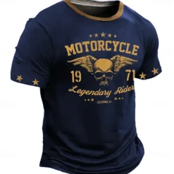 Outlet OUKU Men's Skull Motorcycle T Shirt Short Sleeve T shirt 3D Print Crew Neck Shirt Retro Vintage Western Style Street Casual Bar Black Red Blue Spring & Summer Clothing Apparel S M L XL 2XL 3XL