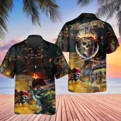 Online OUKU Men's Skull Pirate Shirt Button Up Shirt Short Sleeve Tropical Sports Streetwear Casual Beach Summer Spring Turndown Print Button-Down Yellow