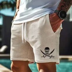Hot OUKU Men's Skull Pirate Waffle Shorts Sweat Shorts Casual Shorts Mid Waist Fashion Casual Vacation Jogging Workout Elastic Drawstring Waist Shorts with Pockets Designer Clothing Apparel