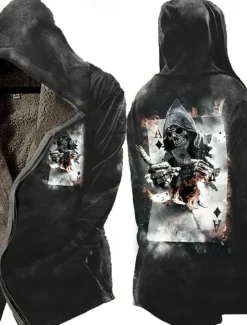 OUKU Men's Skull Poker Winter Coat Fleece Jacket Coat Warm Breathable Comfortable Fashion Streetwear Casual Daily Sports & Outdoor Daily Wear Going out Zipper Pocket Print Fall & Winter Hoodie Long Sleeve