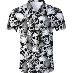 Best OUKU Men's Skull Shirt Button Up Shirt Short Sleeve Fashion Cool Punk & Gothic Street Casual Daily Summer Spring Turndown Print Button-Down Black Red Purple Black+White