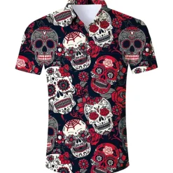 Best OUKU Men's Skull Shirt Button Up Shirt Short Sleeve Fashion Cool Punk & Gothic Street Casual Daily Summer Spring Turndown Print Button-Down Black Red Purple Black+White
