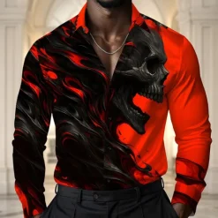 Best OUKU Men's Skull Shirt Satin Shirt Dress Shirt Long Sleeve Dark Punk Gothic Style Vacation Dailywear Summer Spring Fall Turndown 3D Print Button Up Shirts Red Dark Blue