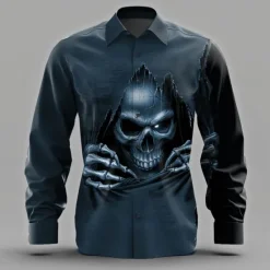 Online OUKU Men's Skull Skeleton Ripped Shirt Button Up Shirt Long Sleeve Dark Punk Gothic Style Holiday Streetwear Summer Spring Turndown 3D Print Collared Shirts Black Wine Green Dark Blue