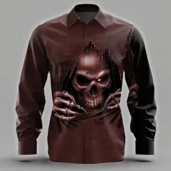 Online OUKU Men's Skull Skeleton Ripped Shirt Button Up Shirt Long Sleeve Dark Punk Gothic Style Holiday Streetwear Summer Spring Turndown 3D Print Collared Shirts Black Wine Green Dark Blue