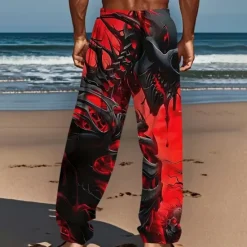 Clearance OUKU Men's Skull Skeleton Trousers Baggy Pants Casual Pants Mid Waist Dark Gothic Style Outdoor Holiday Elastic Drawstring Waist Linen-Like Pants with Pockets Summer Spring Fall 3D Print Red Blue Purple