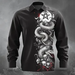 OUKU Men's Skull Snake Halloween Costumes Button Up Shirt Long Sleeve Horror Party Evening Wear Fall Winter Spring & Summer Shirt Collar 3D Print Black