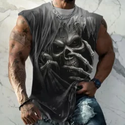 Discount OUKU Men's Skull T Shirt Sleeveless T shirt 3D Print Crew Neck Shirt Fashion Daily Party Street Summer Spring Clothing Apparel S M L XL XXL XXXL Black