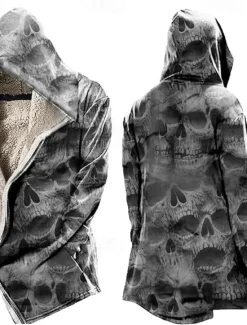 New OUKU Men's Skull Wolf Letter Winter Coat Fleece Jacket Coat Warm Breathable Comfortable Fashion Streetwear Casual Daily Sports & Outdoor Daily Wear Going out Zipper Pocket Print Fall & Winter Hoodie Long
