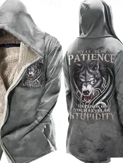 New OUKU Men's Skull Wolf Letter Winter Coat Fleece Jacket Coat Warm Breathable Comfortable Fashion Streetwear Casual Daily Sports & Outdoor Daily Wear Going out Zipper Pocket Print Fall & Winter Hoodie Long