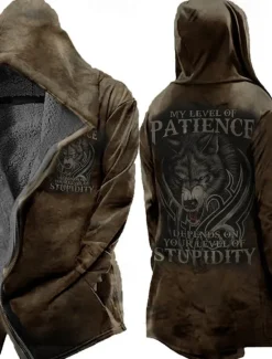 New OUKU Men's Skull Wolf Letter Winter Coat Fleece Jacket Coat Warm Breathable Comfortable Fashion Streetwear Casual Daily Sports & Outdoor Daily Wear Going out Zipper Pocket Print Fall & Winter Hoodie Long