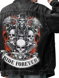 Discount OUKU Men's Skulls Coat Jean Jacket Denim Jacket Breathable Comfortable Casual Sports & Outdoor Going out Weekend Buttons Print Fall & Winter Turndown Long Sleeve Black Blue