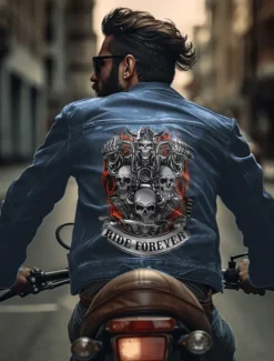 Discount OUKU Men's Skulls Coat Jean Jacket Denim Jacket Breathable Comfortable Casual Sports & Outdoor Going out Weekend Buttons Print Fall & Winter Turndown Long Sleeve Black Blue