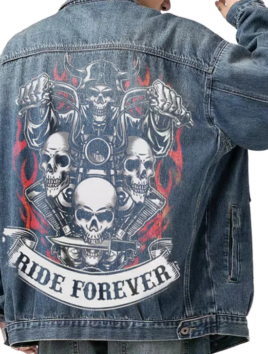 Discount OUKU Men's Skulls Coat Jean Jacket Denim Jacket Breathable Comfortable Casual Sports & Outdoor Going out Weekend Buttons Print Fall & Winter Turndown Long Sleeve Black Blue
