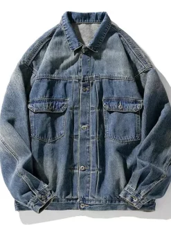 Discount OUKU Men's Skulls Coat Jean Jacket Denim Jacket Breathable Comfortable Casual Sports & Outdoor Going out Weekend Buttons Print Fall & Winter Turndown Long Sleeve Black Blue