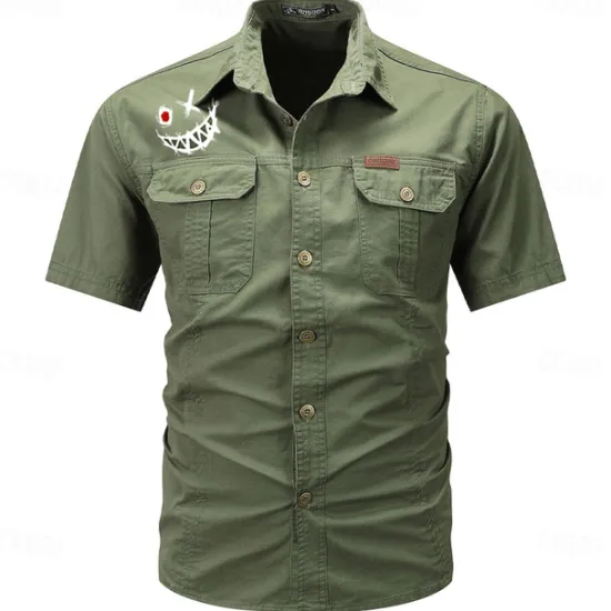 Outlet OUKU Men's Smile Face Work Shirt Western Shirt Cargo Shirt Short Sleeve Casual Tactical Going out Summer Spring Autumn Turndown Buttons Print Black Green Dark Blue Beige Gray