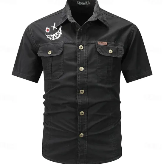 Outlet OUKU Men's Smile Face Work Shirt Western Shirt Cargo Shirt Short Sleeve Casual Tactical Going out Summer Spring Autumn Turndown Buttons Print Black Green Dark Blue Beige Gray