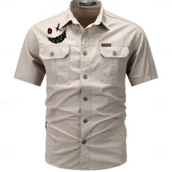 Outlet OUKU Men's Smile Face Work Shirt Western Shirt Cargo Shirt Short Sleeve Casual Tactical Going out Summer Spring Autumn Turndown Buttons Print Black Green Dark Blue Beige Gray