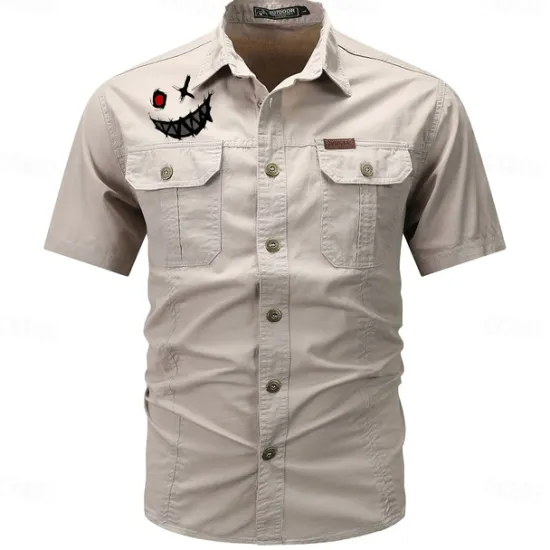 Outlet OUKU Men's Smile Face Work Shirt Western Shirt Cargo Shirt Short Sleeve Casual Tactical Going out Summer Spring Autumn Turndown Buttons Print Black Green Dark Blue Beige Gray