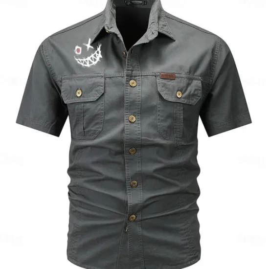 Outlet OUKU Men's Smile Face Work Shirt Western Shirt Cargo Shirt Short Sleeve Casual Tactical Going out Summer Spring Autumn Turndown Buttons Print Black Green Dark Blue Beige Gray