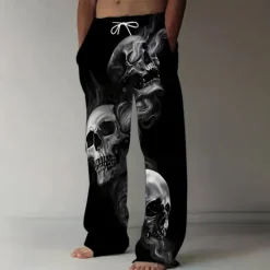 Discount OUKU Men's Smoke Halloween Costumes Skulls Trousers Baggy Pants Casual Pants Mid Waist Dark Gothic Style Holiday Streetwear Elastic Drawstring Waist Linen-Like Pants with Pockets Summer Spring 3D Print