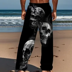 Discount OUKU Men's Smoke Halloween Costumes Skulls Trousers Baggy Pants Casual Pants Mid Waist Dark Gothic Style Holiday Streetwear Elastic Drawstring Waist Linen-Like Pants with Pockets Summer Spring 3D Print