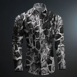 Online OUKU Men's Snake Print Aloha Shirt Printed Shirts Long Sleeve Subcultural Vacation Party Street Spring & Summer Turndown Print Button-Down Khaki Gray