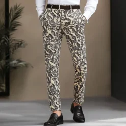 Sale OUKU Men's Snake Skin Pattern Dress Pants Trousers Mid Waist Casual Vintage Retro Outdoor Vacation Streetwear with Pockets Slim Fit Flat-Front Summer Spring Fall 3D Print Yellow