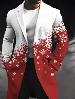 OUKU Men's Snowflake Winter Coat Overcoat Coat Warm Breathable Comfortable Business Casual Christmas Work Wear to work Pocket Print Fall & Winter Turndown Long Sleeve Wine Blue Purple